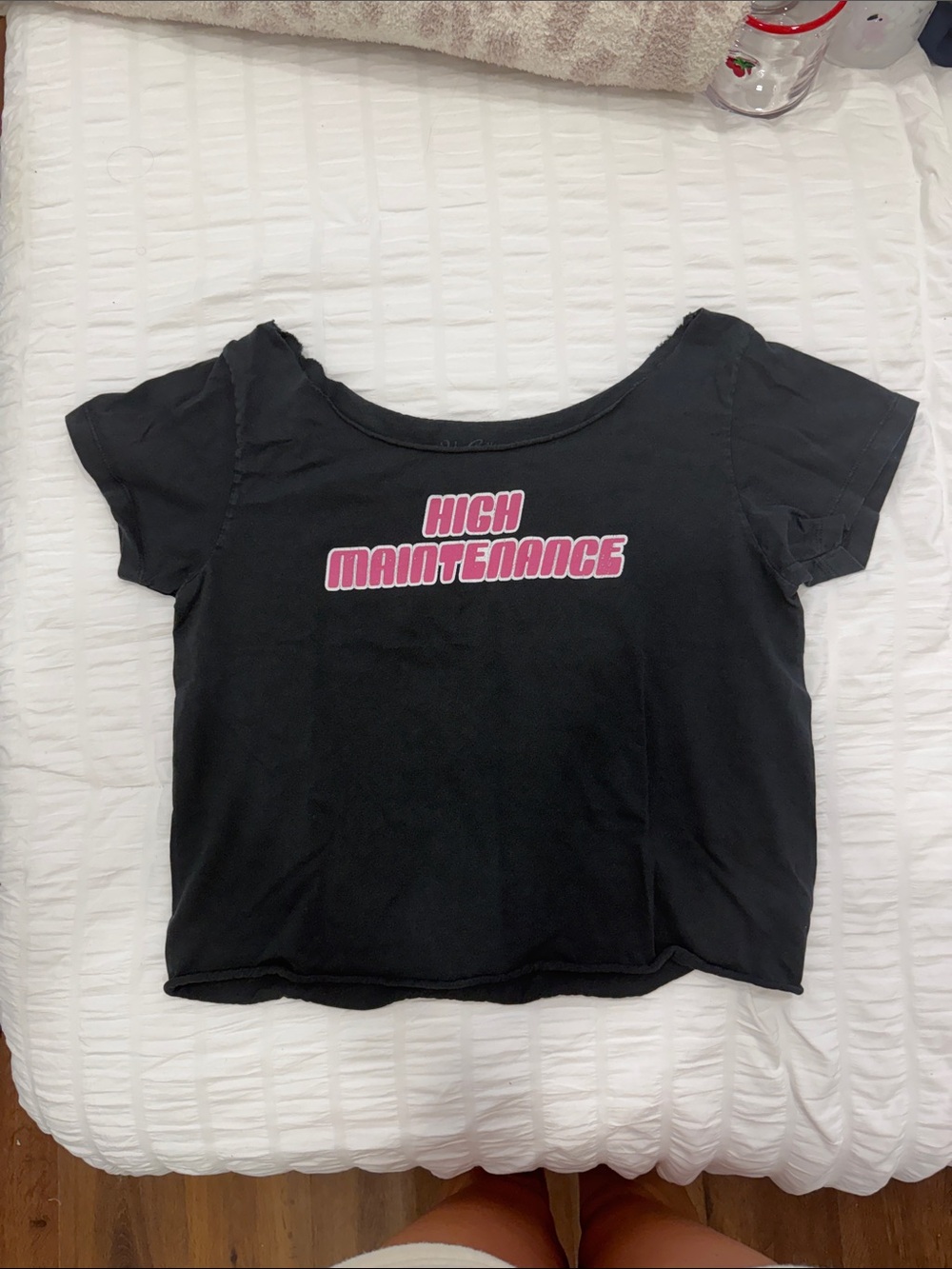 Brandy Melville Black Crop Tee with Pink "High Maintenance" Graphic